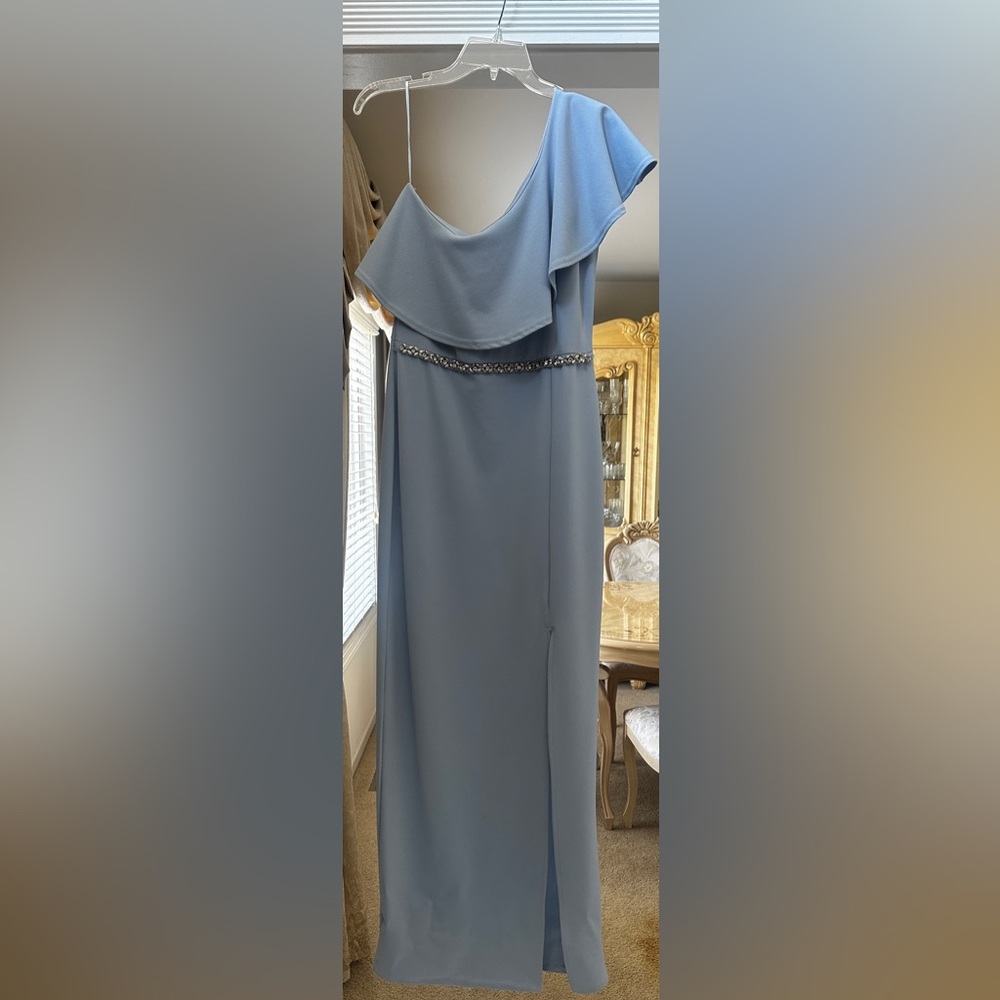 Elegant Gray-Blue Dress with Embellished Waist